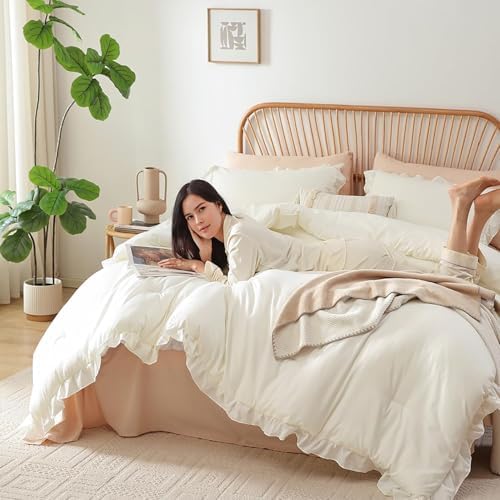 JANZAA Cream White Comforter Set Oversized King, Ruffle Soft Bedding