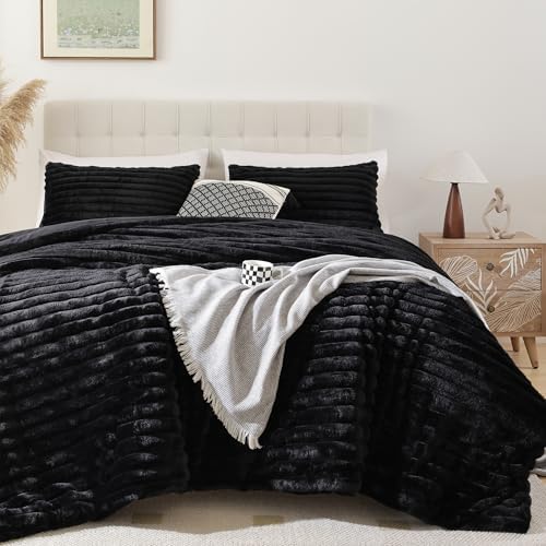 Smoofy Fluffy Full Size Comforter 3 PCS - Black Fleece Bedding Set