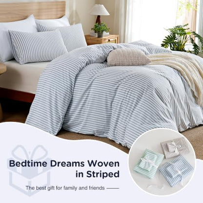TOCOMOA Blue Striped Duvet Cover Set 100% Washed Cotton Like Linen, King
