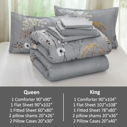 Yiran Queen Comforter Size Set, 7 Piece Grey Dandelion Floral Bed in a Bag