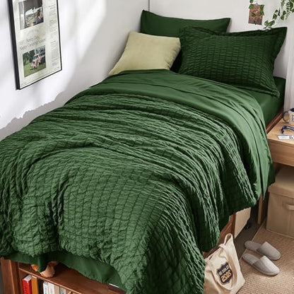 HYMOKEGE Dark Green Twin Comforter Set Seersucker 5 Pieces, All Season Luxury Bed in a Bag Queen for Bedroom, Bedding Set with Comforter, Sheets, Pillowcase & Sham