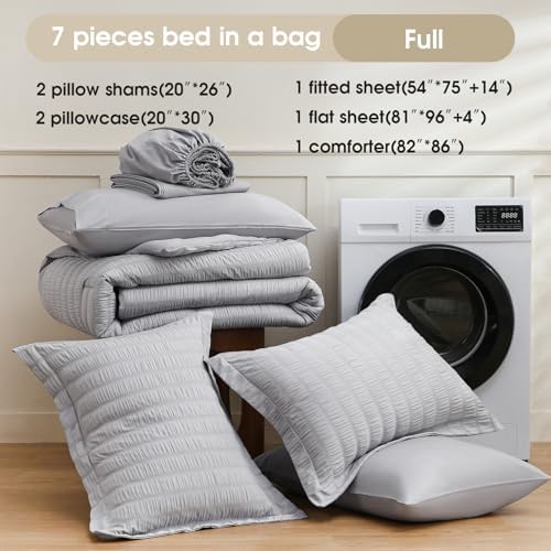 FreshCulture Comforter Set Seersucker 7 Pieces, All Season Bedding Set Full, Bed in a Bag Comforter Set with 1 Comforter, 1 Flat Sheet, 1 Fitted Sheet, 2 Pillowcases and 2 Pillow Shams, Light Grey