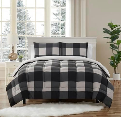 7 Piece Comforter Set Bag Solid Color All Season Soft Down Alternative Blanket & Luxurious Microfiber Bed Sheets, King, Buffalo Plaid Black/Gray