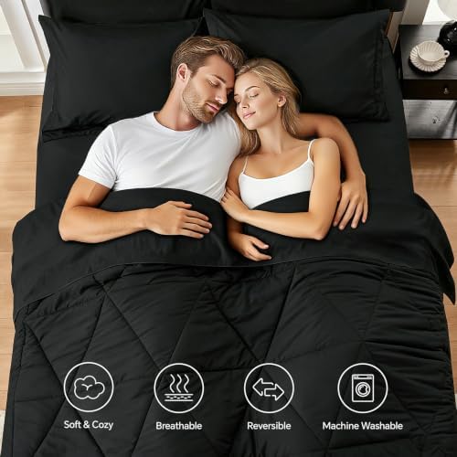 BEDELITE Queen Comforter Set 7 Pieces, Solid Black Bed in A Bag