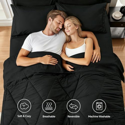 BEDELITE Queen Comforter Set 7 Pieces, Solid Black Bed in A Bag