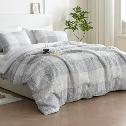 SLEEP ZONE Comforters King Set, Modern Plaid Bedding Set Gray White 3 Pcs