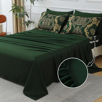 WONGS BEDDING Green Damask King Size Comforter Set, 7 Piece Texture Microfiber Comforter Bedding Set for All Season, Bed in a Bag with Comforter, Flat Sheet, Fitted Sheet, Pillowcases & Shams