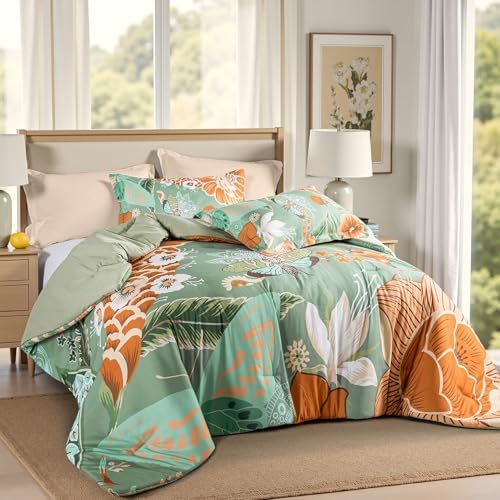 Tyrot Sage Green Boho Floral King Comforter Set - 3 Piece Farmhouse Botanical Bedding Comforter Sets for All Season Soft Lightweight Mid Century Bed Set, (1 Reversible Comforter and 2 Pillow Shams