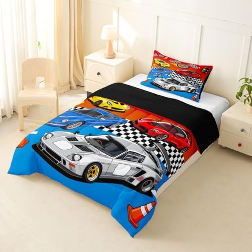 Feelyou Boys Sports Car Comforter Set Toddler Size Speed Race Car Bedding Set for Kids Boys Girls Racing Extreme Sports Duvet Quilt Automobile Bedroom Decor Microfiber 2 Pcs with 1 Pillow Cases