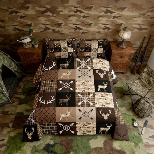 Feelyou Camo Deer Antlers Comforter Set Toddler Size Animal Arrow Silhouette Bedding Set for Kids Boys Rustic Cabin Duvet Quilt Lattice Bedroom Decor Microfiber 2 Pcs with 1 Pillow Cases
