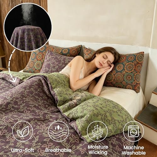 BISELINA 100% Cotton Muslin Duvet Cover Set Queen, 3 Pcs Yarn-Dyed Jacquard Textured Reversible Botanical Design, Soft and Breathable Bedding Set with Zipper Closure, Violet Green