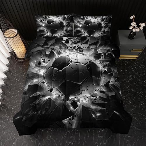 Nttopship Soccer Bedding Comforter Set Queen Size for Kids Teens and Adults, Black and White Football Printed Bedding Sets 3 PCS,Ball Sports Themed Bedroom Decor with 1 Comforter and 2 Pillowcases