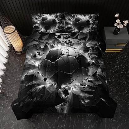 Nttopship Soccer Bedding Comforter Set Queen Size for Kids Teens and Adults, Black and White Football Printed Bedding Sets 3 PCS,Ball Sports Themed Bedroom Decor with 1 Comforter and 2 Pillowcases