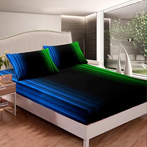 Feelyou Geometric Abstract Ombre Bed Sheets Kids Boys Teens Blue Green and Black Striped Sheet Set Decor Modern Fashion Bed Set Bedroom Collection 4Pcs Queen Size