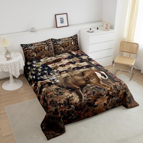 Feelyou Cute Deer Comforter Set Toddler Size for Girls Boys Kids Deer Hunting Bedding Set Room Decor American Flag Camo Bedding Set Cabin Deer Brown Duvet Set 2Pcs Quilt Set