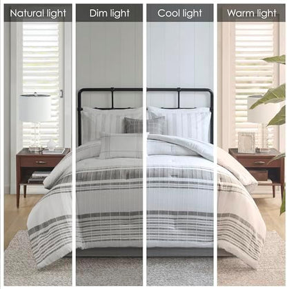 Harbor House Queen Comforter Set, Stripes Clipped Jacquard, Soft Cotton Oversized Comforter for a Queen-Size Bed, Farmhouse Bedding, 2 Shams, Bedskirt, 2 Décor Pillows, Morgan, Queen White/Grey
