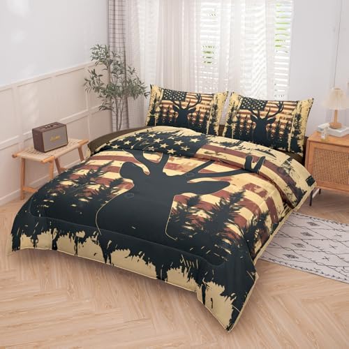 Deer Comforter Sets Full 5PCS with Sheets,Deer and American Flag Comforter Set for Hunter Bedroom Decor,Deer Bedding Full,Bedding Set for Boys Adult Teens