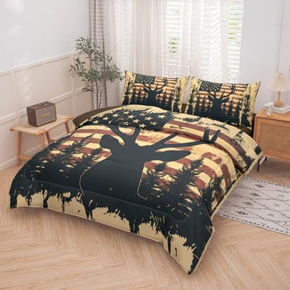 Deer Comforter Sets Full 5PCS with Sheets,Deer and American Flag Comforter Set for Hunter Bedroom Decor,Deer Bedding Full,Bedding Set for Boys Adult Teens