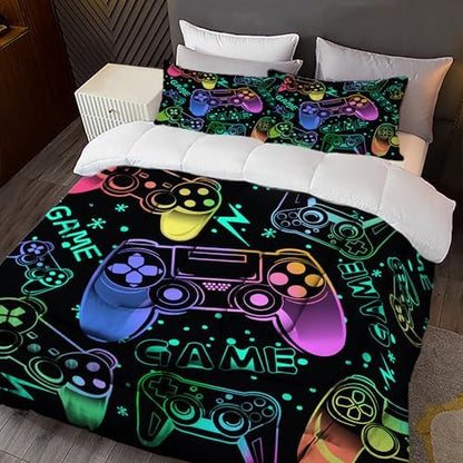Sunnycitron Colorful Gamepad Gamer Comforter Set for Boys Gaming Bedding Set Teens Game Room Decor Queen (1 Comforter + 2 Pillowcase)