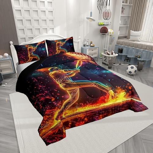 Castle Fairy Basetball Player King Size Comforter Set,Kids Neon Sky Decor All Season Bedding Set,Teens Sports Baseball Comforter,Ball Games Lover Decor Quilt Set Bedroom Collection 3Pcs