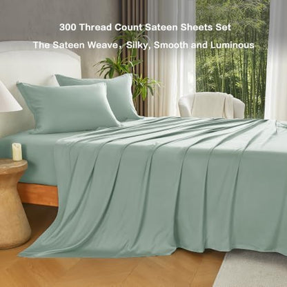 Andency Sateen Sheets Set, 100% Viscose Derived from Bamboo, Hotel Luxury Silky & Cooling for Hot Sleepers, Deep Pocket Up to 16", Sateen Green Queen