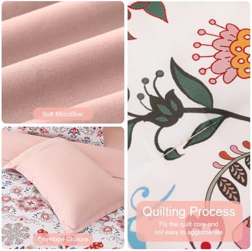 DHSFKBE Boho Comforter Set King - 7 Pieces Bed in a Bag Floral Design, Bohemian Comforter Set with Sheets, Soft Microfiber Complete Bedding Sets All Season (Light Pink, King)