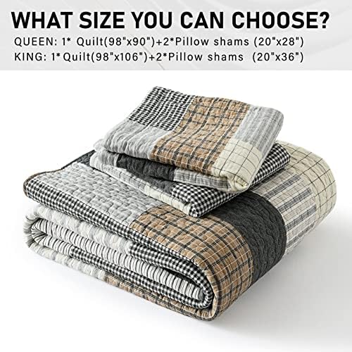 PERHOM Quilt King Size - 100% Cotton Farmhouse Rustic King Quilt Set, Cabin King Quilt Bedding Set Bedspreads, Lodge Lightweight Patchwork Plaid Quilted Comforter for King Bed, Grey/Brown/Beige