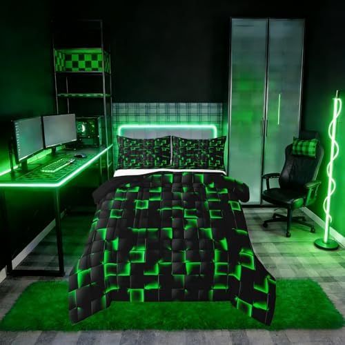 Erosebridal Neon Black Green Boys Comforter Set Twin Size Geometric Checkered Bedding Set for Kids Teen Men Gaming Room Decor,Abstract Ombre Plaid Comforter Grids Quilt Duvet