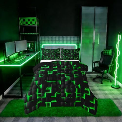 Erosebridal Neon Black Green Boys Comforter Set Toddler Size Geometric Checkered Bedding Set for Kids Teen Men Gaming Room Decor,Abstract Ombre Plaid Comforter Grids Quilt Duvet