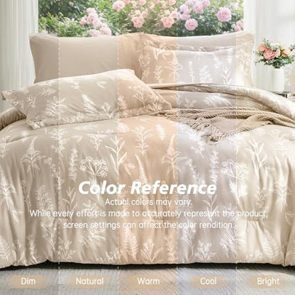 MUXHOMO Beige Full Comforter Set, Elegant Floral Print Bed in a Bag 7 Pieces, Ultra Soft & Breathable Reversible Botanical Pattern Bedding Set with Comforter, Sheets, Pillowcases, and Shams