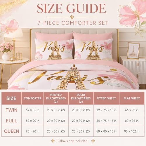 AILONEN Paris Eiffel Tower Comforter Set Queen 7-Piece Tie Dye Flower Pink Bed in a Bag for Girls Women,Soft Comforter & Fitted Sheet with Flat Sheet,2 Pillowcases,2 Pillow Shams