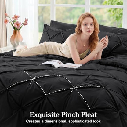 JOLLYVOGUE King Size Comforter Set 7 Pieces - Bed in a Bag King for All Season, Pintuck Bedding Comforter Sets with Comforter, Flat Sheet, Fitted Sheet and Pillowcases & Shams, Black