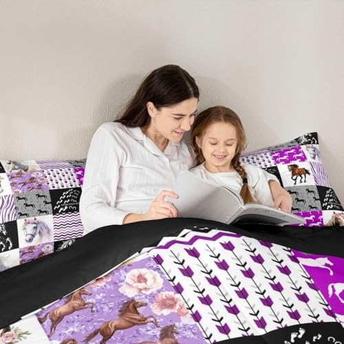 Horse Comforter Set King Western Cowgirl Farm Animal Bedding Set for Kids Girls Teens Women,Black White Zebra Stripe Grid Comforter Boho Arrow Rose Flower Quilted Duvet Sets 2 Pillow Cases Purple