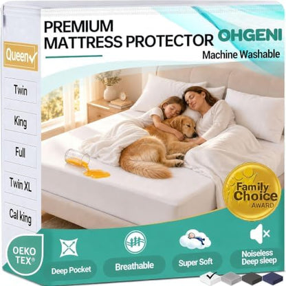 OhGeni Waterproof Mattress Protector, Queen Size Mattress Pad Fitted with Deep Pocket 6"-18", Breathable Noiseless & Soft, Washable Dirt-Proof Mattress Cover for Home, Bedroom, White,Daybed Cover