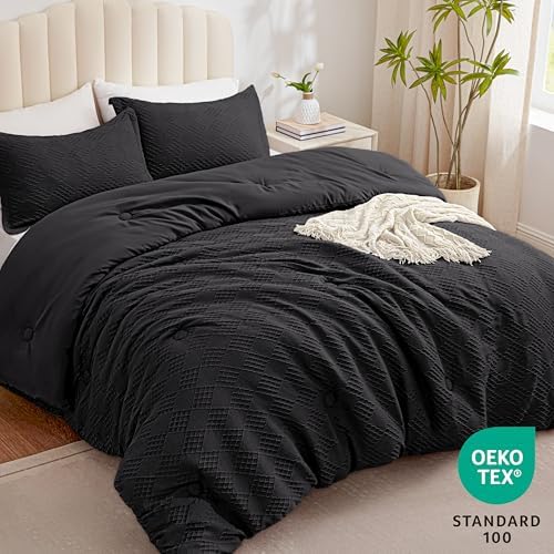 EXQ Home Waffle Comforter Queen Size - Super Soft Embossed Design Comforter Set 3 Pieces, Black 3D Diamond Pattern Bedding Set,Winter Warm Bed Set,1 Comforter with 2 Pillowcases