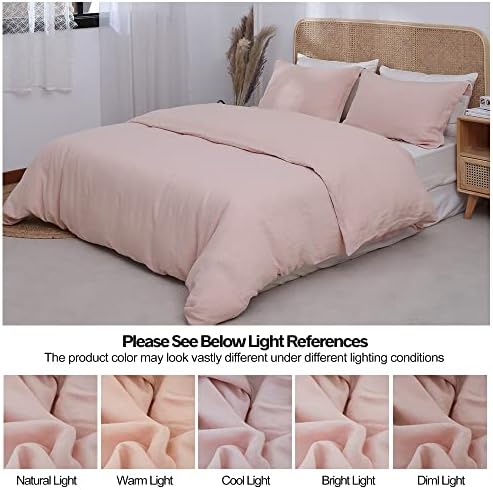 Simple&Opulence 100% Linen Duvet Cover Set 3pcs Basic Style Natural French Washed Flax Solid Color Soft Breathable Farmhouse Bedding with Button Closure - Blush Pink, Queen