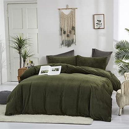Wellboo Army Green Velvet Comforter Sets Full Solid Olive Fluffy Bedding