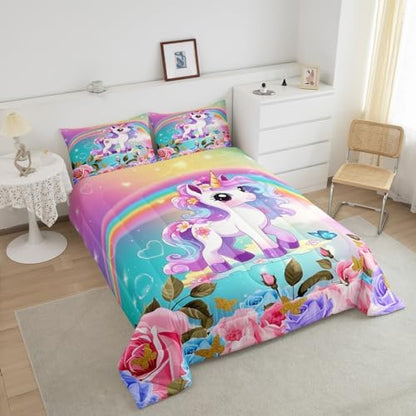 Cartoon Unicorn Kids Comforter Set Twin Size,Roses Flowers Butterfly Princess Bedding Set,Girls Women Room Decor,Rainbow Unicorn Cute Down Comforter,Pink Blue Romantic Duvet Insert,1 Pillowcase