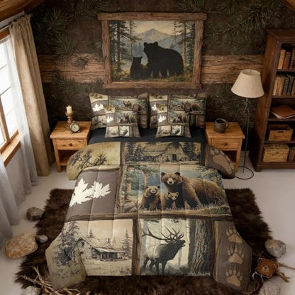Erosebridal Grizzly Bear Deer Plaid 7 Piece Queen Comforter Set, Rustic Farmhouse Cabin Bedding Sets for Kids Boys Men,Country Maple Leaf Bed in a Bag with Sheets,Hunting Wildlife Theme Bed Set