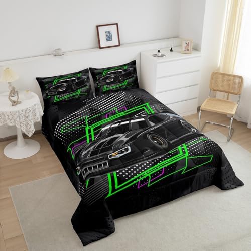 Manfei Racing Car Comforter Set King Size, Black Speeding Sports Car Quilt Set with 2 Pillowcases, Extreme Sports Theme Bedding Set 3pcs for Kids Boys Teens Bedroom Decor
