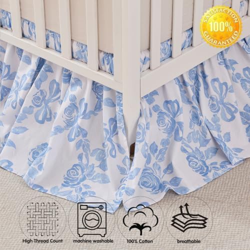 Brandream Organic Cotton Crib Skirt Dust Ruffle, Baby Girl Crib Bed Skirt, 4-Sided, Luxury French Vintage Blue Rose Floral & Bow Cottagecore Toddler Bedskirt Farmhouse Chic Nursery Bedding Skirt