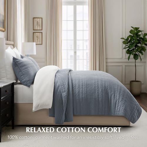 EVERGRACEHOME 100% Cotton Modern Lines Quilt Set King Size, Smoky Blue