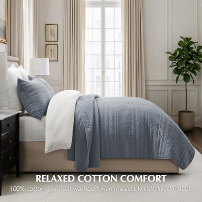 EVERGRACEHOME 100% Cotton Modern Lines Quilt Set King Size, Smoky Blue