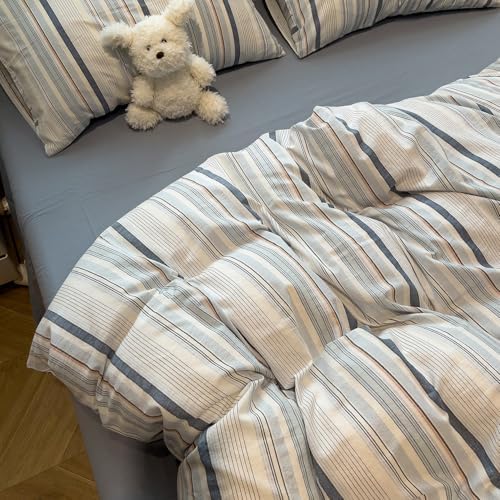 mixinni Vintage Blue and White Striped Duvet Cover Set Full - 100% Washed Cotton 3 Piece Bedding Set with Geometric Pattern, Soft Breathable Comforter Cover with Zipper Closure & Corner Ties