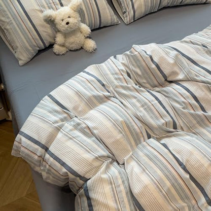 mixinni Vintage Blue and White Striped Duvet Cover Set Full - 100% Washed Cotton 3 Piece Bedding Set with Geometric Pattern, Soft Breathable Comforter Cover with Zipper Closure & Corner Ties