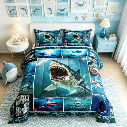 Homewish 3D Shark Full Size Comforter Set,Sea Animals Bedding Set for Adults Teens,Children Shark Geometric Comforter Luxury Grid Squares Quilt Set Room Decor 3Pcs