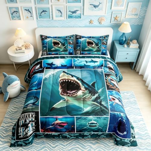 Teens 3D Shark Print Comforter Set Queen Size,Shark Geometric Grid Bedding Set for Kids Boys Girls Bedroom Decoration,Sea Animals Bed Duvet Insert,Underwater World Comforter with 2 Pillowcases