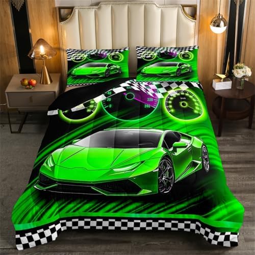 Feelyou Green Racing Car Bedding Set for Kids Boys Girls King Size Extreme Sports Comforter Set Teen Adult Ultra Soft Speed Sports Car Comforter Cool Car Duvet Quilt Bedroom Decor Race Car Quilt