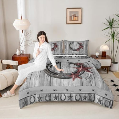 Castle Fairy Grey Rustic Barn Comforter Set Western Cowboy Horseshoe Bedding Set Queen Size for Kids Boys Adults Teens Room Decor Vintage Farmhouse Wooden Quilt Set Star Horseshoe Duvet Insert 3pcs
