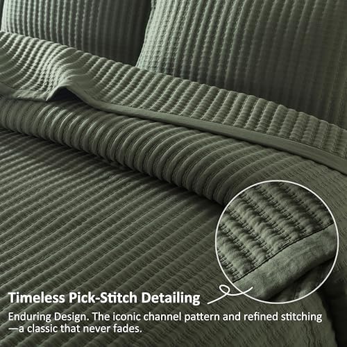 WDCOZY Olive Green Queen Size Quilt Set, Striped Pick Stitch Bedspread